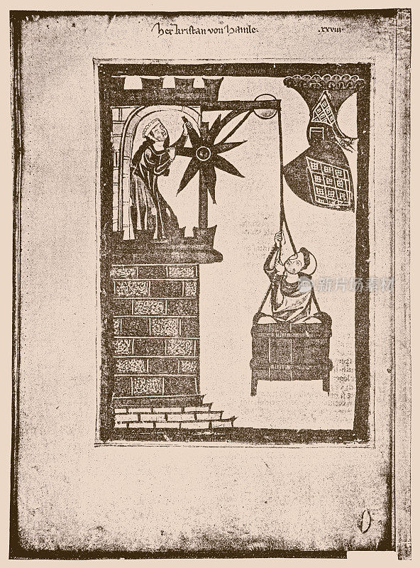 克里斯坦・冯・哈姆勒(Kristan von Hamle)，约1200年，德国明尼苏达州人，场景，坐在一个篮子里，哈姆勒被一位女士用滑轮拉到她的塔楼上，照明来自14世纪的《马纳斯抄本》